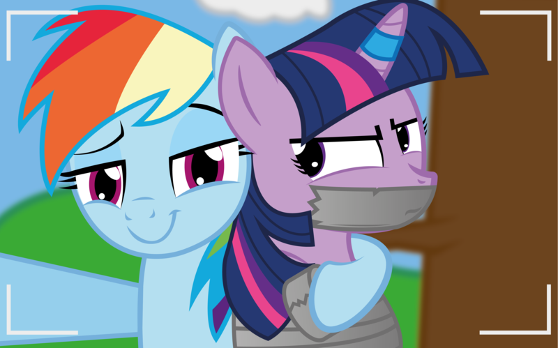 Size: 8192x5114 | Tagged: safe, artist:cardshark777, derpibooru import, rainbow dash, twilight sparkle, twilight sparkle (alicorn), alicorn, angry, blurry background, bondage, bound and gagged, captured, digital art, duct tape, duo, duo female, female, females only, gag, helpless, image, looking at you, magic suppression, png, selfie, smug, tape, tape bondage, tape gag, tree, twilight sparkle is not amused, unamused