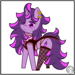 Size: 2000x2000 | Tagged: safe, artist:dice-warwick, derpibooru import, oc, oc:fizzy fusion pop, unofficial characters only, pony, unicorn, bag, beauty mark, butt freckles, choker, clothes, ear piercing, earring, female, fishnets, freckles, heart, heart eyes, highlights, image, jewelry, long mane, long tail, mare, messy mane, panties, piercing, pink panties, png, simple background, socks, solo, stockings, tail, thigh highs, transparent background, underwear, wingding eyes
