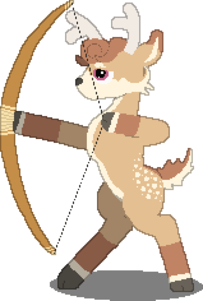 Size: 636x944 | Tagged: safe, artist:minus, derpibooru import, oc, oc:hebe, unofficial characters only, deer, 2022, antlers, archery, bipedal, bow (weapon), daybreak island, deer oc, derpibooru exclusive, image, male, non-pony oc, pixel art, png, simple background, solo, stag, transparent background, weapon