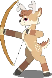 Size: 636x944 | Tagged: safe, artist:minus, derpibooru import, oc, oc:hebe, unofficial characters only, deer, 2022, antlers, archery, bipedal, bow (weapon), daybreak island, deer oc, derpibooru exclusive, image, male, non-pony oc, pixel art, png, simple background, solo, stag, transparent background, weapon