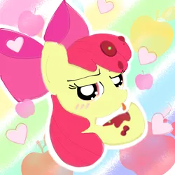 Size: 4096x4096 | Tagged: safe, artist:tiga mega, derpibooru import, apple bloom, earth pony, pony, somepony to watch over me, adorabloom, apple, behaving like a cat, blushing, cute, female, filly, foal, food, heart, image, jpeg, licking, looking at you, pea, sauce, solo, tongue out