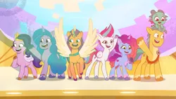 Size: 3072x1727 | Tagged: safe, derpibooru import, screencap, hitch trailblazer, izzy moonbow, pipp petals, sparky sparkeroni, sunny starscout, zipp storm, alicorn, dragon, earth pony, pegasus, pony, unicorn, g5, my little pony: a new generation, my little pony: tell your tale, spoiler:g5, spoiler:my little pony: tell your tale, spoiler:tyts01e59, applejack (g5), baby, baby dragon, female, fluttershy (g5), image, jpeg, male, mane five, mane six (g5), mare, misty brightdawn, moon festival, open mouth, open smile, pinkie pie (g5), race swap, rainbow dash (g5), rarity (g5), rebirth misty, royal sisters (g5), siblings, sisters, smiling, spread wings, stallion, sunnycorn, twilight sparkle (g5), wings