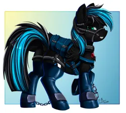 Size: 3139x2830 | Tagged: safe, artist:pridark, derpibooru import, oc, pegasus, pony, ankle chain, ankle cuffs, bdsm, bit, bound wings, bridle, clothes, cuffs, harness, image, latex, latex socks, passepartout, png, socks, solo, submissive, tack, wings