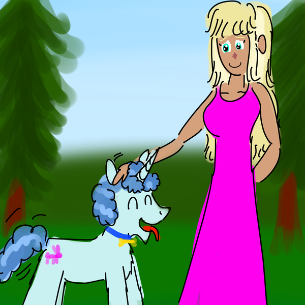Size: 3200x3200 | Tagged: safe, artist:horsesplease, derpibooru import, party favor, human, unicorn, behaving like a dog, blonde, camp camp, collar, crossover, doggie favor, doggiecorn, doodle, happy, image, jen (camp camp), panting, petting, png, rooster teeth, tongue out