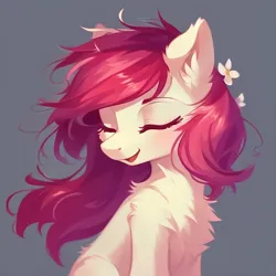 Size: 1536x1536 | Tagged: safe, derpibooru import, machine learning generated, stable diffusion, roseluck, earth pony, pony, ai content, bust, chest fluff, cute, ear fluff, female, flower, fluffy, generator:purplesmart.ai, gray background, image, jpeg, mare, messy mane, missing cutie mark, open mouth, open smile, portrait, prompter:nightluna, simple background, smiling, solo
