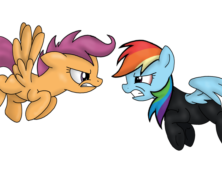 Size: 3198x2509 | Tagged: artist needed, safe, derpibooru import, rainbow dash, scootaloo, fanfic:rainbow factory, angry, duo, fanfic art, flying, gritted teeth, image, looking at each other, looking at someone, png, scootaloo can fly, simple background, teeth, transparent background