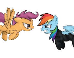Size: 3198x2509 | Tagged: artist needed, safe, derpibooru import, rainbow dash, scootaloo, fanfic:rainbow factory, angry, duo, fanfic art, flying, gritted teeth, image, looking at each other, looking at someone, png, scootaloo can fly, simple background, teeth, transparent background