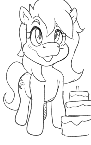 Size: 1457x2304 | Tagged: safe, artist:joykill, derpibooru import, oc, oc:jc, unofficial characters only, earth pony, pony, birthday, birthday cake, birthday gift, cake, earth pony oc, food, happy, happy birthday, image, monochrome, png, sketch