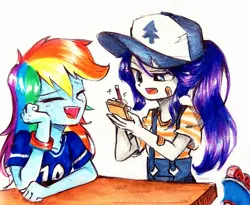 Size: 2365x1938 | Tagged: safe, artist:liaaqila, derpibooru import, rainbow dash, rarity, equestria girls, bandaid, baseball cap, cap, clothes, commission, diner, female, hat, image, jersey, jpeg, laughing, notepad, open mouth, overalls, pencil, table