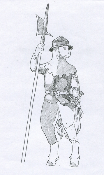 Size: 533x896 | Tagged: safe, artist:adeptus-monitus, derpibooru import, oc, unofficial characters only, anthro, unguligrade anthro, clothes, cuirass, halberd, helmet, image, jpeg, katzbalger, looking offscreen, monochrome, pencil drawing, simple background, solo, standing, sword, traditional art, weapon
