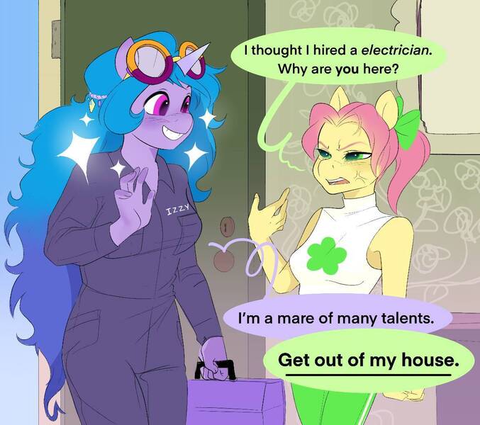 Size: 1175x1042 | Tagged: safe, artist:aztrial, derpibooru import, izzy moonbow, posey (g5), anthro, earth pony, unicorn, g5, alternate hairstyle, bow, clothes, cross-popping veins, dirt, door, duo, electrician, emanata, female, goggles, goggles on head, grin, hair bow, image, jpeg, jumpsuit, leggings, open mouth, posey bloom is not amused, posey can't catch a break, smiling, tanktop, toolbox, unamused