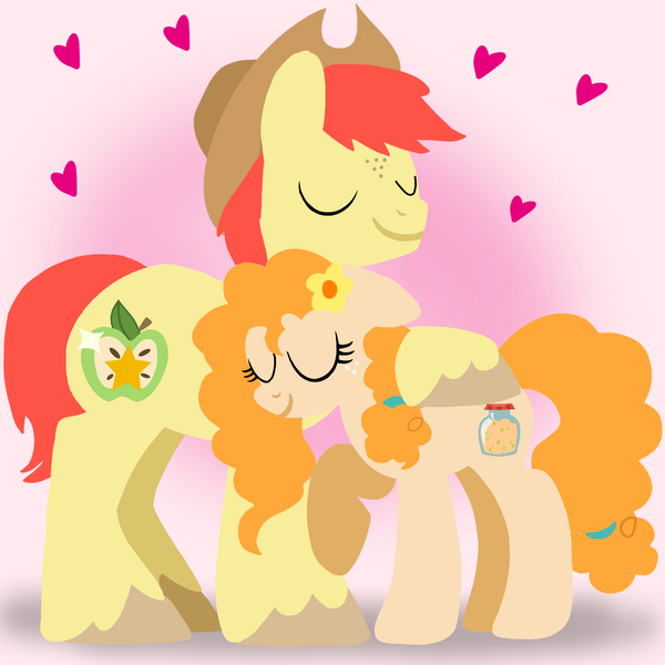 Size: 1400x1400 | Tagged: safe, artist:mlplary6, derpibooru import, bright mac, pear butter, earth pony, pony, brightbutter, eyes closed, female, flower, flower in hair, hat, heart, hug, husband and wife, image, love, male, mare, png, shipping, smiling, stallion, straight