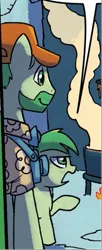 Size: 237x583 | Tagged: safe, artist:tonyfleecs, derpibooru import, idw, unnamed character, unnamed pony, earth pony, pony, from the shadows, spoiler:comic, spoiler:comic52, colonial williamsburg, comic, cropped, father and child, father and son, foal, image, male, official comic, png, speech bubble, stallion, whinniesburg