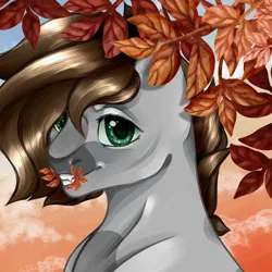 Size: 1700x1700 | Tagged: safe, artist:lebalisa, derpibooru import, oc, oc:cj vampire, unofficial characters only, earth pony, pony, ambiguous gender, autumn, bust, commission, digital art, fangs, feral, fluffy, fur, green eyes, hair, head fluff, heterochromia, image, mane, png, portrait, scene, solo, teeth, ych result