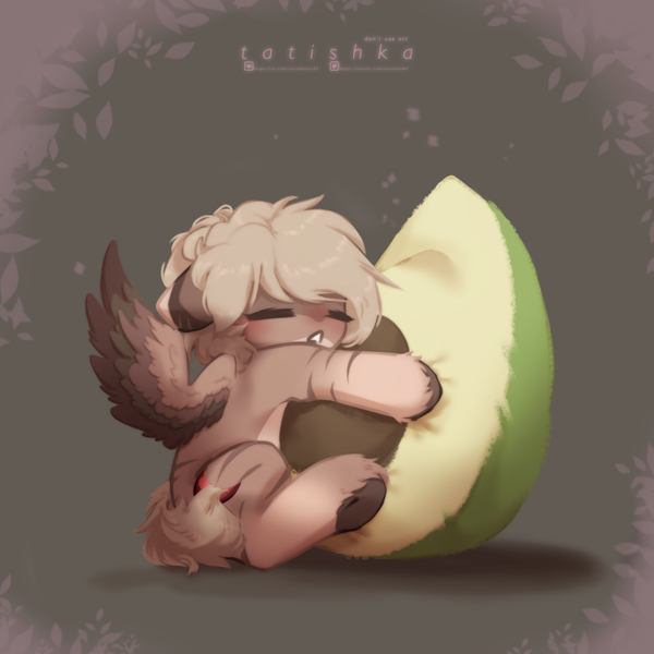 Size: 2308x2308 | Tagged: safe, artist:tatishka, derpibooru import, oc, oc:amoo, unofficial characters only, pegasus, zebra, avocado, eyes closed, female, food, gradient hooves, hug, image, mare, pegasus oc, png, pony oc, sleeping, spread wings, wings, zebra oc