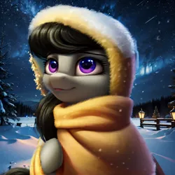 Size: 3072x3072 | Tagged: safe, derpibooru import, machine learning generated, octavia melody, earth pony, pony, ai content, bust, clothes, female, generator:pony diffusion v5, generator:seaart.ai, hood, image, lantern, mare, night, night sky, png, prompt in description, prompter:tyto4tme4l, sky, snow, snowfall, solo, stars, tree, winter, winter coat, winter outfit