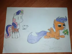 Size: 4160x3120 | Tagged: safe, artist:epicheavytf2, derpibooru import, scootaloo, sweetie belle, pony, rat, apron, brown coat, cheese, clothes, female, filly, foal, food, gustavo, image, irl, jpeg, magic, paper, photo, pizza tower, simple background, traditional art, whiskers