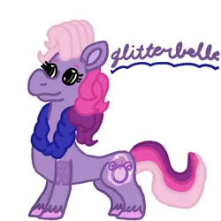 Size: 1000x1000 | Tagged: safe, artist:mintwhistle, derpibooru import, part of a set, earth pony, pony, g3, colored hooves, cursive writing, feather boa, female, glitter, glitterbelle, image, mare, medibang paint, png, simple background, smiling, solo, translucent, unshorn fetlocks, white background