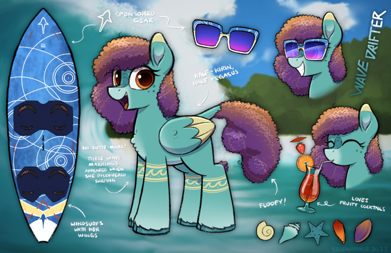 Size: 4547x2945 | Tagged: safe, artist:selenophile, derpibooru import, oc, oc:wave drifter, kirin, adoptable, alcohol, cocktail, cocktail umbrella, drink, half kirin, image, kirin oc, ocean, open mouth, png, reference sheet, seashell, smiling, sunglasses, surfboard, water, wave