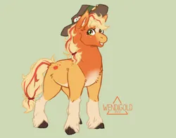 Size: 1600x1248 | Tagged: safe, artist:wendigold, applejack, earth pony, pony, alternate cutie mark, alternate design, coat markings, colored hooves, cracked hooves, female, freckles, green background, hat, image, jpeg, looking at you, mare, pale belly, redesign, simple background, smiling, solo, standing, twitterina design, unshorn fetlocks