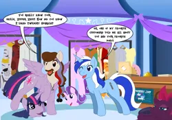 Size: 3400x2380 | Tagged: safe, artist:naughtycatnick, derpibooru import, capper dapperpaws, derpy hooves, doctor whooves, fluttershy, starlight glimmer, tempest shadow, time turner, zecora, oc, oc:foxley, oc:front page, oc:frost d. tart, oc:naughtycatnick, oc:zipper zest, anthro, pony, my little pony: the movie, background, clothes, costume, furry, image, mask, masking, one eye closed, png, ponysuit, seams, solo, store, wink, zipper