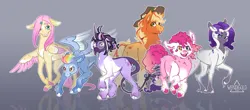 Size: 1600x702 | Tagged: safe, artist:wendigold, applejack, fluttershy, pinkie pie, rainbow dash, rarity, twilight sparkle, earth pony, pegasus, pony, unicorn, alternate cutie mark, alternate design, bald face, coat markings, colored hooves, colored wings, curved horn, female, glasses, gradient hooves, gradient mane, gray background, group, hairclip, heterochromia, horn, horn ring, image, jpeg, leonine tail, mane six, mare, multicolored wings, pale belly, redesign, ring, simple background, twitterina design, unicorn twilight, unshorn fetlocks, white outline, wings