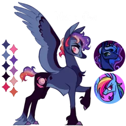 Size: 892x896 | Tagged: safe, artist:dustdevll, artist:insecticidal, oc, oc:night owl, pegasus, pony, adoptable, alternate design, ambiguous gender, bald face, coat markings, color palette, colored hooves, colored wings, image, magical lesbian spawn, multicolored hair, multicolored wings, next generation, offspring, pale belly, parent:princess luna, parent:rainbow dash, parents:lunadash, png, rainbow hair, raised hoof, short hair, simple background, transparent background, twitterina design, unshorn fetlocks, wings
