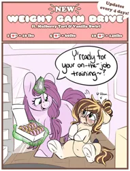 Size: 2100x2750 | Tagged: safe, artist:mulberrytarthorse, derpibooru import, oc, oc:mulberry tart, oc:vanilla swirl, unofficial characters only, earth pony, pony, unicorn, comic:weight gain drive, blushing, comic, cute, dialogue, donut, fat, female, females only, food, glasses, image, imminent weight gain, jpeg, magic, obese, sitting