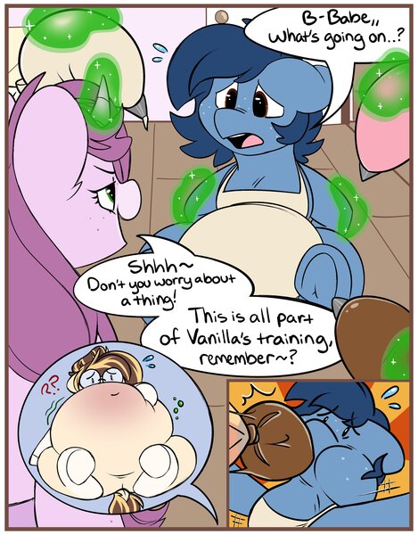 Size: 2660x3400 | Tagged: questionable, artist:mulberrytarthorse, derpibooru import, oc, oc:huckleberry bleu, oc:mulberry tart, oc:only, oc:vanilla swirl, earth pony, pony, unicorn, comic:weight gain drive, belly, big belly, comic, dialogue, image, jpeg, magic, round belly, stuffed belly, weight gain
