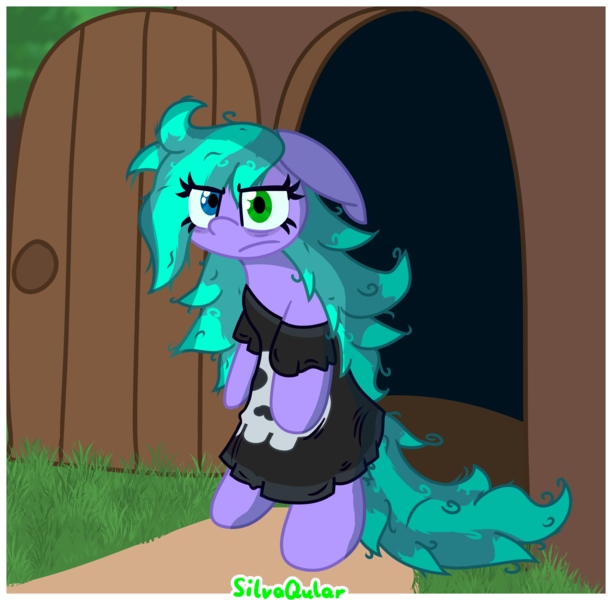 Size: 3723x3651 | Tagged: safe, artist:silvaqular, derpibooru import, oc, oc:cyanette, earth pony, pony, angry, clothes, door, doorframe, earth pony oc, evening, floppy ears, grumpy, heterochromia, house, image, long hair, long mane, long tail, outdoors, oversized clothes, oversized shirt, png, shirt, skull, sleepy, solo, tail, tired