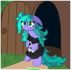 Size: 3723x3651 | Tagged: safe, artist:silvaqular, derpibooru import, oc, oc:cyanette, earth pony, pony, angry, clothes, door, doorframe, earth pony oc, evening, floppy ears, grumpy, heterochromia, house, image, long hair, long mane, long tail, outdoors, oversized clothes, oversized shirt, png, shirt, skull, sleepy, solo, tail, tired