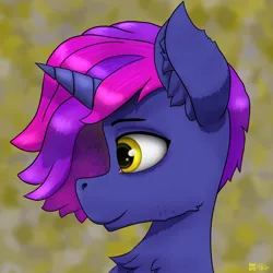 Size: 2048x2048 | Tagged: safe, artist:gantarts, derpibooru import, oc, oc:vesper glass, unofficial characters only, pony, unicorn, abstract background, bust, high res, horn, image, male, png, portrait, simple background, smiling, solo, unicorn oc, yellow background, yellow eyes