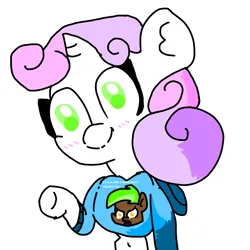Size: 4096x4096 | Tagged: safe, artist:sweetsterty, derpibooru import, button mash, sweetie belle, pony, semi-anthro, unicorn, belly button, breasts, busty sweetie belle, clothes, female, filly, foal, hoodie, image, minecraft, png, raised hoof, smiling, solo, solo female