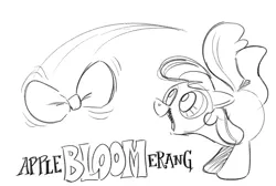 Size: 811x546 | Tagged: safe, artist:mellodillo, derpibooru import, apple bloom, earth pony, pony, adorabloom, apple bloom's bow, boomerang, bow, cute, grayscale, hair bow, handstand, image, monochrome, name pun, open mouth, open smile, png, simple background, smiling, solo, upside down, white background
