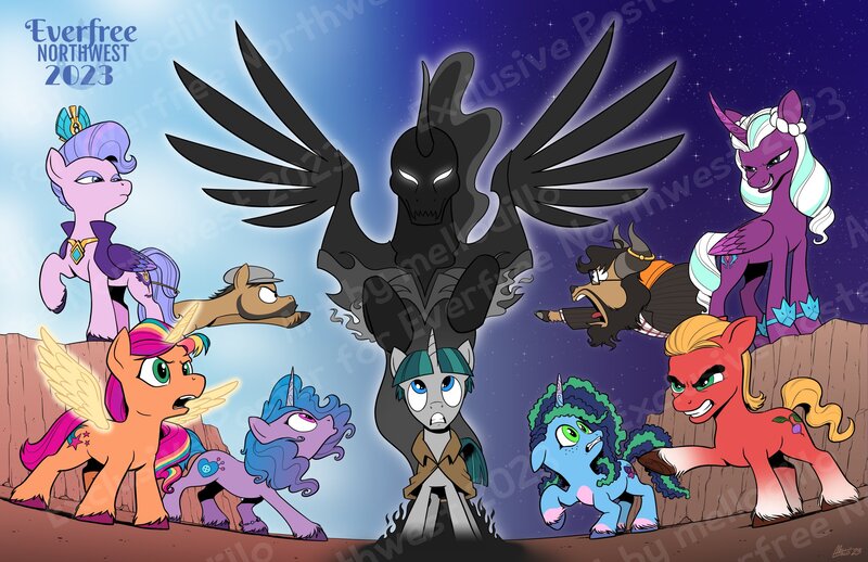 Size: 2550x1650 | Tagged: safe, artist:mellodillo, derpibooru import, izzy moonbow, pony of shadows, queen haven, sprout cloverleaf, stygian, sunny starscout, alicorn, earth pony, pegasus, pony, unicorn, yak, g5, my little pony: a new generation, everfree northwest, everfree northwest 2023, female, g4, gritted teeth, image, jpeg, male, mare, misty brightdawn, obtrusive watermark, opaline arcana, pointing, race swap, stallion, sunnycorn, teeth, watermark