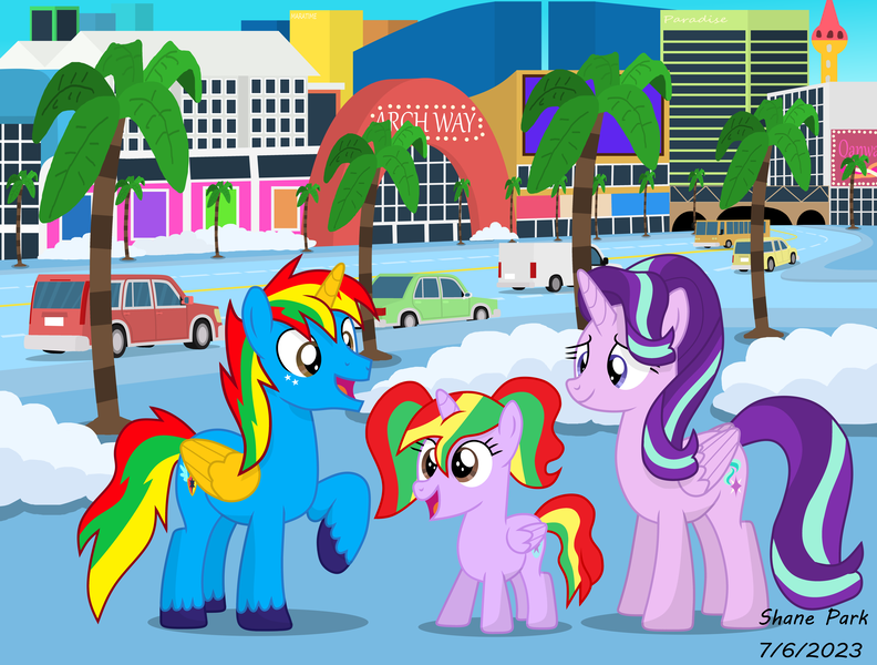 Size: 9000x6820 | Tagged: safe, artist:creedyboy124, derpibooru import, starlight glimmer, oc, oc:shield wing, oc:starling shield, alicorn, pony, alicornified, car, daughter, family, female, image, las pegasus, male, parents:canon x oc, png, race swap, resort, starlicorn, tree, xk-class end-of-the-world scenario