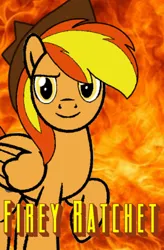 Size: 600x916 | Tagged: safe, artist:noi kincade, derpibooru import, oc, oc:firey ratchet, unofficial characters only, pegasus, pony, background, fedora, fire, hat, image, male, png, poster, solo, stallion