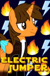 Size: 600x916 | Tagged: safe, artist:noi kincade, derpibooru import, oc, oc:ej, unofficial characters only, alicorn, pony, background, fire, image, lightning, male, png, poster, smiling, solo, stallion