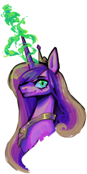 Size: 650x1297 | Tagged: safe, artist:dustdevll, artist:insecticidal, princess cadance, queen chrysalis, changedling, changeling, a canterlot wedding, bust, changeling magic, crown, disguise, evil grin, fake cadance, female, green eyes, grin, image, jewelry, looking at you, magic, magic aura, png, regalia, royalty, simple background, smiling, solo, transparent background