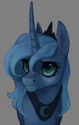 Size: 562x881 | Tagged: safe, artist:dustdevll, artist:insecticidal, princess luna, alicorn, pony, bust, female, gray background, image, jewelry, jpeg, looking up, mare, pouting, regalia, s1 luna, simple background, solo