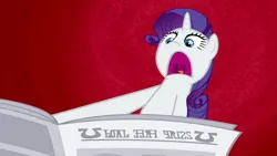Size: 1920x1080 | Tagged: safe, derpibooru import, screencap, rarity, pony, unicorn, ponyville confidential, season 2, eyeshadow, faic, female, foal free press, i'll destroy her, image, makeup, mare, meme origin, newspaper, open mouth, png, rarity is best facemaker, red background, shocked, shocked expression, simple background, solo, tongue out, uvula