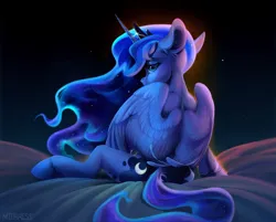 Size: 3813x3064 | Tagged: safe, artist:mithriss, derpibooru import, princess luna, alicorn, pony, back, bed, crown, ethereal mane, ethereal tail, female, horn, image, jewelry, looking at you, mare, png, rear view, regalia, simple background, solo, stars, tail, wings