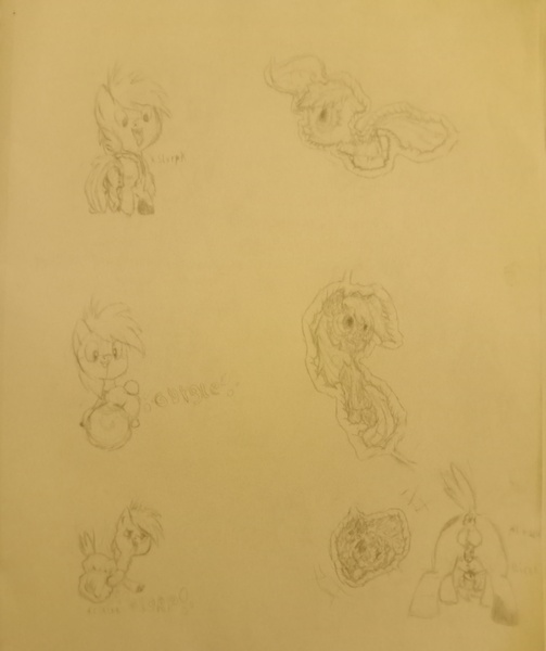 Size: 2968x3540 | Tagged: explicit, anonymous artist, apple bloom, pipsqueak, anal vore, corpse, digestion, fetish, foalcon, image, jpeg, sketch, traditional art, underage, vore