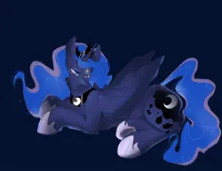 Size: 1791x1378 | Tagged: safe, artist:ventileitorr, derpibooru import, princess luna, alicorn, pony, blue background, blue eyes, blue mane, blue tail, crown, cute, digital art, ethereal mane, ethereal tail, eyelashes, feather, female, flowing mane, flowing tail, folded wings, g4, hoof shoes, image, jewelry, jpeg, lidded eyes, lying down, mare, peytral, regalia, simple background, smiling, solo, sparkles, starry mane, starry tail, tail, wings