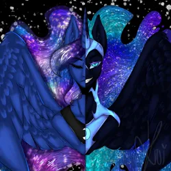 Size: 2048x2048 | Tagged: safe, artist:darlingalie, derpibooru import, nightmare moon, princess luna, alicorn, pony, black background, blue eyes, blue mane, bust, digital art, ear fluff, ethereal mane, eyelashes, eyes closed, eyeshadow, fangs, feather, female, flowing mane, g4, helmet, horn, image, jpeg, looking at you, makeup, mare, night, peytral, portrait, redraw, simple background, smiling, smiling at you, solo, spread wings, starry mane, stars, teeth, wings