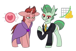 Size: 1822x1224 | Tagged: safe, artist:moonatik, derpibooru import, oc, oc:green line, oc:red line, unofficial characters only, pony, unicorn, cape, clothes, cutie mark, eyeshadow, female, gold, gold coins, horn, image, makeup, mare, necktie, png, raised hoof, shirt, simple background, suit, transparent background, unicorn oc