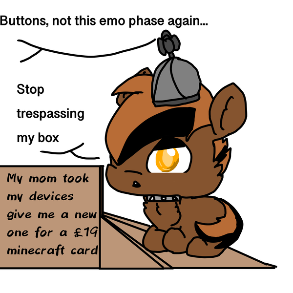 Size: 4096x4096 | Tagged: safe, artist:sweetsterty, derpibooru import, button mash, earth pony, pony, box, buttonbetes, cheek fluff, chest fluff, collar, colt, cute, emo, foal, hat, image, male, png, propeller hat, sign, sitting, talking