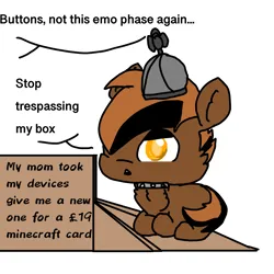 Size: 4096x4096 | Tagged: safe, artist:sweetsterty, derpibooru import, button mash, earth pony, pony, box, buttonbetes, cheek fluff, chest fluff, collar, colt, cute, emo, foal, hat, image, male, png, propeller hat, sign, sitting, talking
