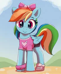 Size: 2135x2589 | Tagged: safe, artist:pabbley, derpibooru import, rainbow dash, pegasus, pony, bow, clothes, cute, dashabetes, hair bow, high res, hoof shoes, image, jpeg, looking at you, rainbow dash always dresses in style, shirt, shoes, smiling, smiling at you, sneakers, solo, sweatband