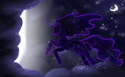 Size: 3455x2122 | Tagged: safe, artist:wakehamdarlingeff, derpibooru import, nightmare moon, princess luna, tantabus, alicorn, pony, absurd resolution, cloud, crescent moon, ethereal mane, ethereal tail, female, flowing mane, flowing tail, g4, glow, horn, image, mare, moon, night, png, signature, sky, solo, sparkles, starry mane, starry tail, stars, tail